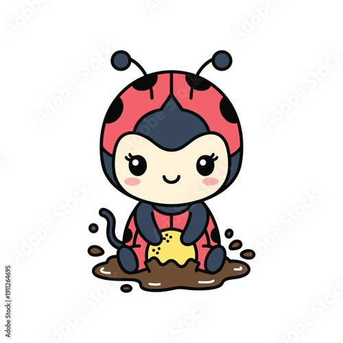 Cute ladybug cartoon character sitting in mud puddle with happy smile, 3d render illustration