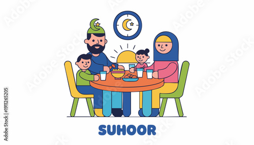 Illustrating Religious and Cultural Diversity: Modern Muslim Family Observing Ramadan Rituals at Dawn