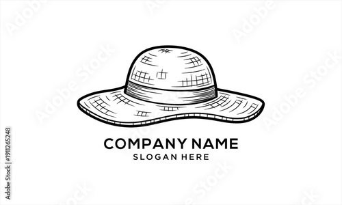 Hand-drawn vintage sun hat illustration with wide brim and ribbon detail.