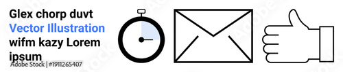 Communication tools, time management, productivity, feedback, approval, teamwork. A stopwatch, an envelope and a thumbs up outline. Communication and time management visual
