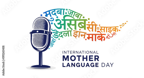 Illustration of a microphone with colorful text in multiple languages on International Mother Language Day, promoting linguistic diversity and cultural awareness globally.