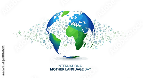Illustration of a globe surrounded by language symbols on International Mother Language Day, promoting linguistic diversity and cultural awareness globally.