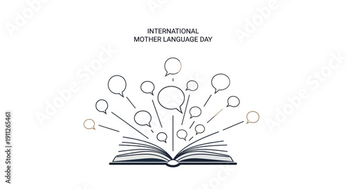Vector illustration of an open book with multicolored speech bubbles on International Mother Language Day, promoting linguistic diversity and cultural awareness globally.