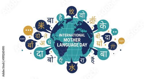 Illustration of a blue globe surrounded by multilingual speech bubbles on a white background celebrating International Mother Language Day with a global and cultural diversity theme.