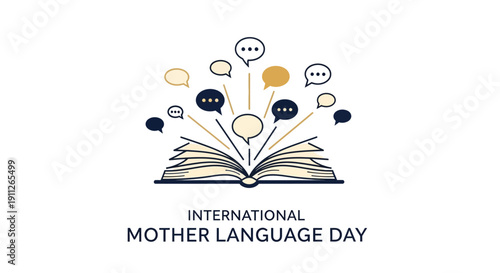 Illustration of a book with speech bubbles for International Mother Language Day, promoting linguistic diversity and cultural awareness with a global theme.
