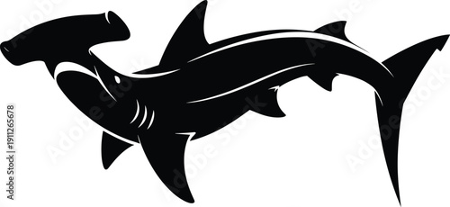 Stylized black and white silhouette illustration of hammerhead shark in dynamic swimming pose highlighting distinctive head shape and marine predator design