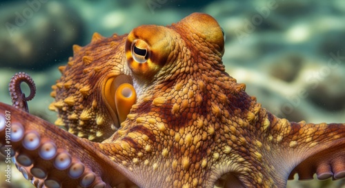 Octopus swimming underwater near coral reef, showing flexible arms and suction cups. A highly intelligent marine invertebrate known for camouflage and problem solving skills.