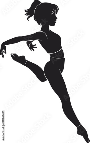 Black silhouette illustration of female dancer mid‑leap in dynamic pose with raised arms, arched body, and expressive graceful movement design