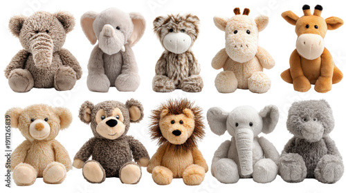 Collection of cute stuffed animal toys isolated on white  background