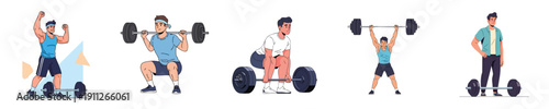 Fitness Workout Vector Set of Men Weightlifting Exercises