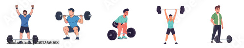 Gym Training Illustration Set of Strong Men Lifting Barbell