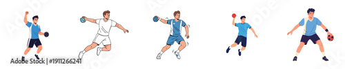 Handball Player Vector Set of Male Athlete Throwing Ball