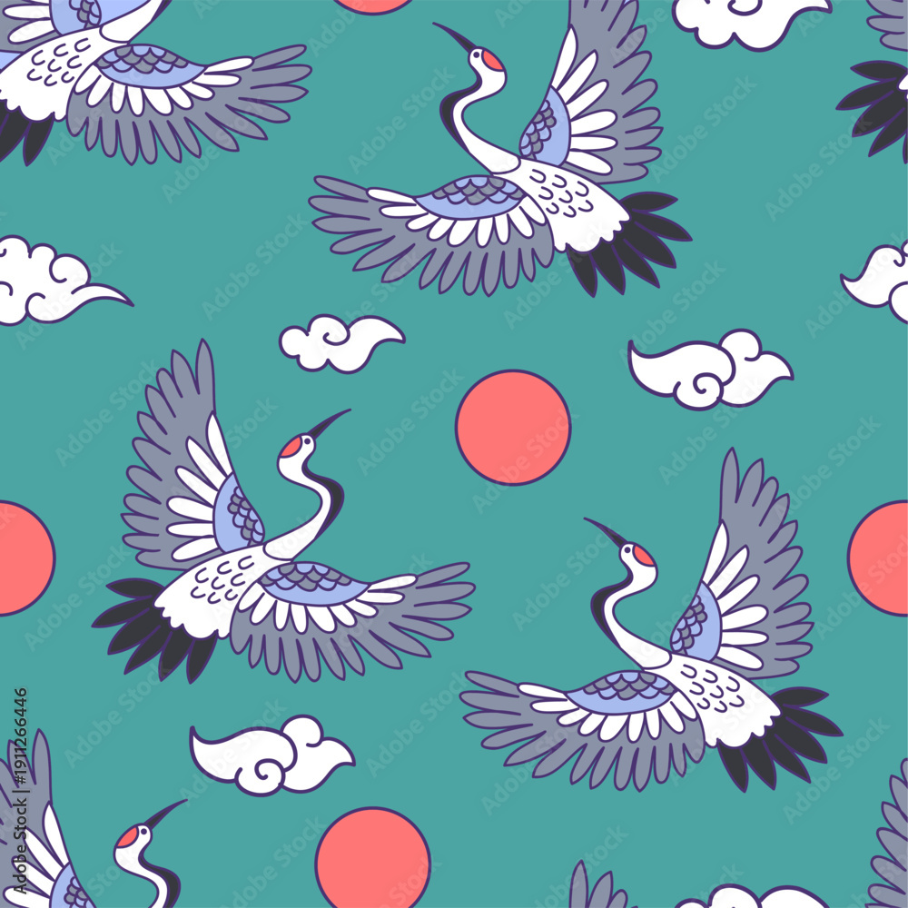 Fototapeta premium japanese style seamless pattern with flying cranes