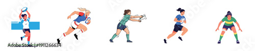 Women Rugby Training Vector Set of Female Athlete Game Actions