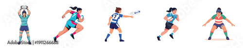 Women Rugby Vector Set of Female Professional Player Actions
