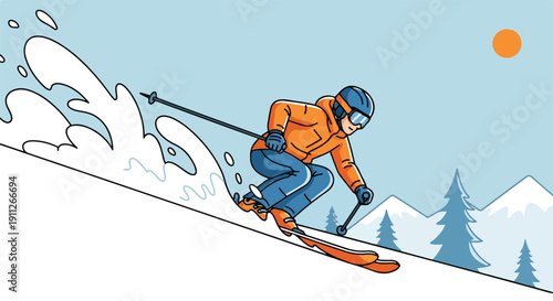 A skier in orange jacket and blue pants skiing down a snowy slope with trees and mountains in the background under a sunny sky.