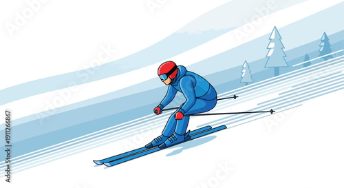 Illustration of a skier in a blue snowsuit and red helmet skiing down a snowy slope with trees in the background.