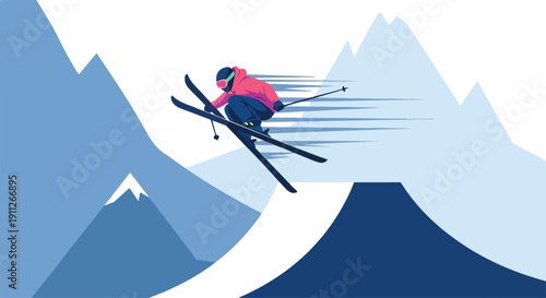 Flat illustration of a skier in motion with blue mountain range in background with motion lines conveying speed.