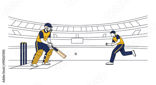 Line drawing of two cricket players in action on a field with stadium seating in the background.
