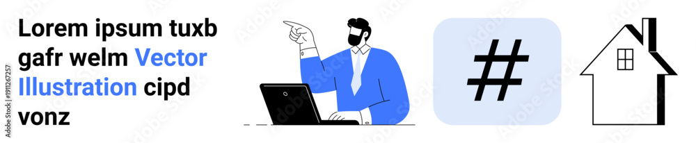 Fototapeta premium Man with laptop gesturing confidently, metadata tag sign, and house icon in clean modern aesthetic. Ideal for business, remote work, social media, digital marketing, home office, web services simple