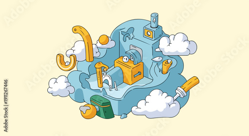 Whimsical illustration of a blue and yellow fantasy cityscape with clouds, umbrellas, and buildings on a pale yellow background.