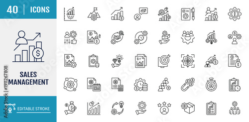 Sales management icon set. Includes CRM, Business Process, marketing, sales team, effective, and more. Outline icon set. Vector illustration with editable stroke