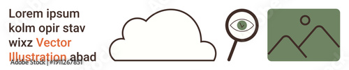 Cloud computing, online storage, image recognition, search tools, data analysis, digital assets. Simple cloud, magnifying glass with an eye and minimal landscape design. Cloud computing and image