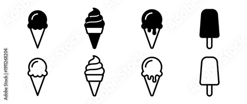 Variety of ice cream icons in black and white for design use