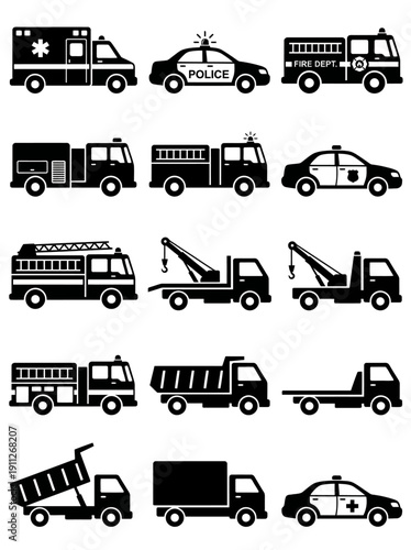 Emergency vehicles and trucks collection in simple black silhouettes