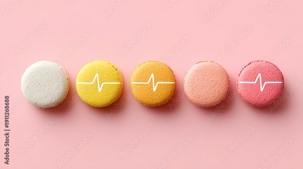 Fototapeta premium Macarons and Heartbeat: Colorful macarons, each a miniature edible artwork, arranged with precision against a soft, pastel backdrop, each with the symbol of a heartbeat