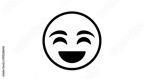 Cheerful smiling emoji face icon illustration, black and white outline vector. Happy emotion symbol with closed eyes, expressing joy.