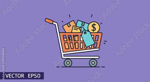 Modern shopping cart filled with retail products, price tag, and dollar coin. Concept of online shopping, e-commerce sales, and consumerism.