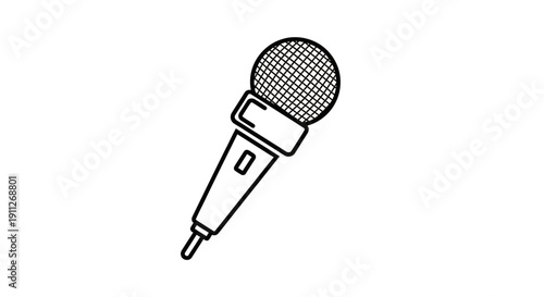 Black and white line art illustration of a microphone icon, vector design for audio, sound recording, speech, music, podcasting, and communication concepts.