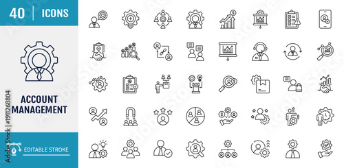Account management icon set. Includes client engagement, retention, sales support, verified and more. Outline icon set. Vector illustration with editable stroke