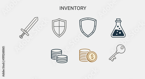 Game Inventory Icons Set: Fantasy RPG Assets with Sword, Shields, Potion, Coins, and Key for UI Elements