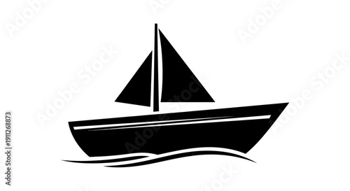 Minimalist black and white sailboat icon on water, simple graphic vector illustration for sailing, marine, and nautical design elements