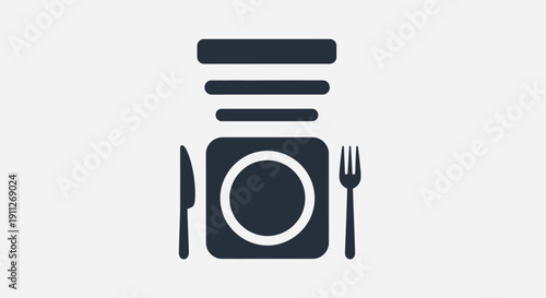 Restaurant dining icon with plate, fork, knife, and menu. Food service, meal preparation, catering symbol. Minimalist flat design graphic.