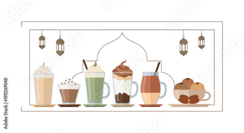 Ramadan Traditional Beverages Set with Dates Fruit and Arabic Lanterns Illustration
