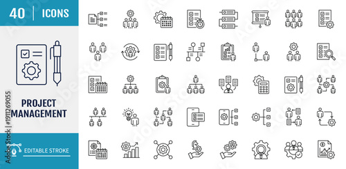 Project management icon set. Includes Planning, schedule, collaboration, development and time management concept and more. Outline icon set. Vector illustration with editable stroke