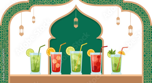 Traditional Ramadan Refreshments and Iftar Drinks Illustration with Islamic Arches and Lanterns