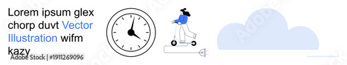 Eco-friendly transportation, time management, mobility, sustainability, commuting solutions, urban lifestyle. A person rides an electric scooter near a clock and cloud design. Eco-friendly