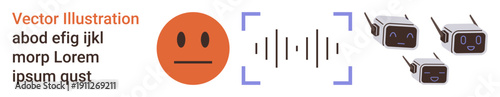 Artificial intelligence, emotion analysis, tech communication, chatbot interface, emotion detection, futuristic AI concepts. Neutral emotion next to waveform and robots. Artificial intelligence