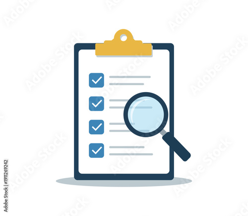 Checklist Clipboard with Magnifying Glass Icon – Audit, Survey, Inspection Vector