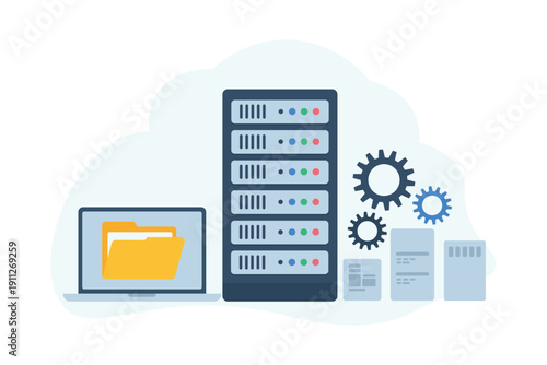 Cloud Server Data Storage and Hosting Infrastructure with Laptop and Database Vector