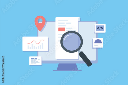 SEO Data Analysis and Website Audit on Computer Screen with Magnifying Glass Vector