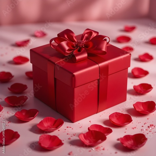 Luxury Red Gift Box with Satin Ribbon Surrounded by Rose Petals for Romantic Valentine’s Day, Love Celebration, Anniversary Surprise, and Premium Holiday Present Concep
