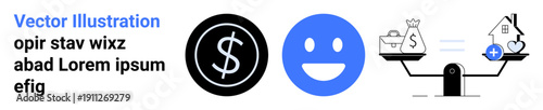 Finance, mental health, budgeting, work-life balance, personal prosperity, economic management. Dollar sign, happy face weighted scale with money house and symbols of equilibrium. Finance