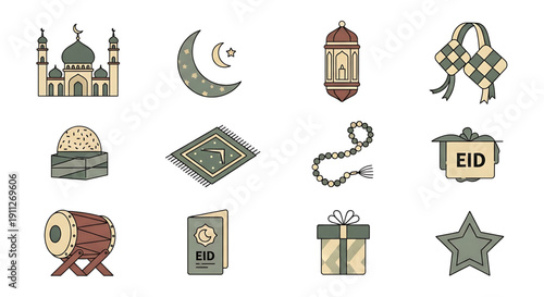 Festive vector icon set for Islamic celebrations, featuring traditional symbols of Eid al-Fitr and Ramadan. Diverse graphics for Muslim holidays and cultural events