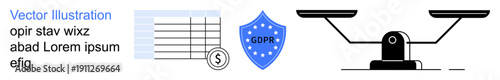 GDPR compliance, data protection, privacy laws, legal balance, secure transactions, financial transparency. Shield marked GDPR, legal balance scale and document with currency sign. GDPR and data