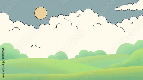 Digital background nature landscape with grass, clouds, and sky